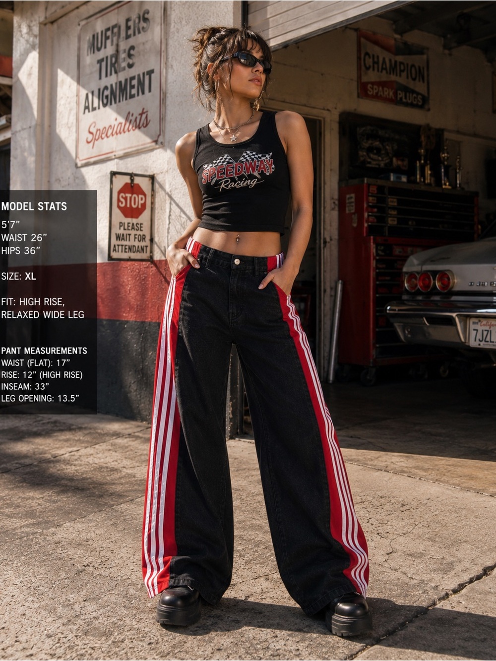 Black Red XL High Rise Triple Stripe Wide Leg Jeans Y2K Racer Streetwear